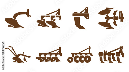 Konstfotografi Brown plow and soil cultivation equipment icons.