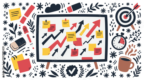 Business and planning concept icons with whiteboard, target and coffee cup for marketing design in colorful vector art