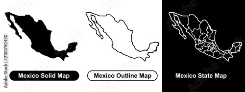 Photos Mexico map vector set with black solid silhouette thin outline and detailed stat