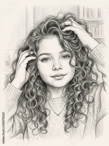 Young girl with curly hair posing and smiling indoors  