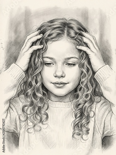 Young girl with curly hair holding her head and deep in thought  
