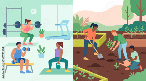 Tableau sur toile Comparison of people weightlifting and gardening in separate panels