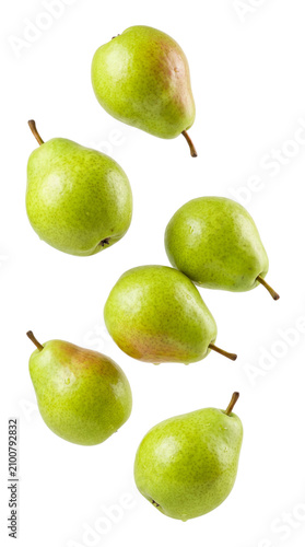 Fotografie Green pears falling isolated on transparent background