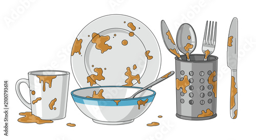 Stack of dirty dishes including a plate, bowl, mug, and silverware with brown food stains on a white background.
