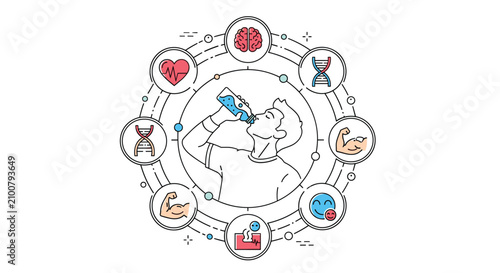 Infographic illustration of a man drinking water surrounded by circular health benefit icons in a line style.