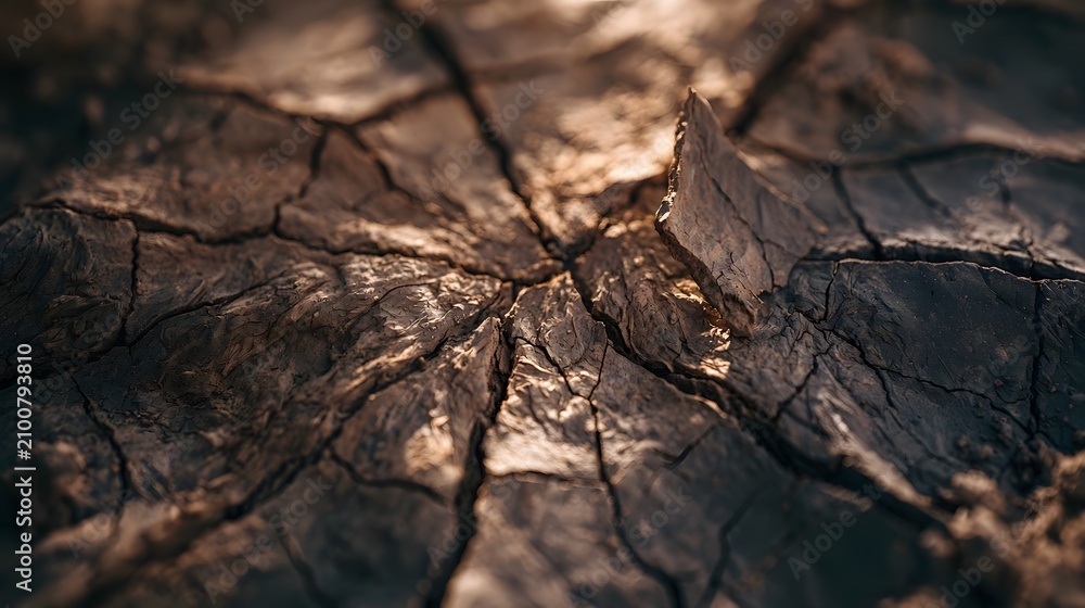 Fototapeta premium Sun-cracked dried clay texture with radiating fissures macro