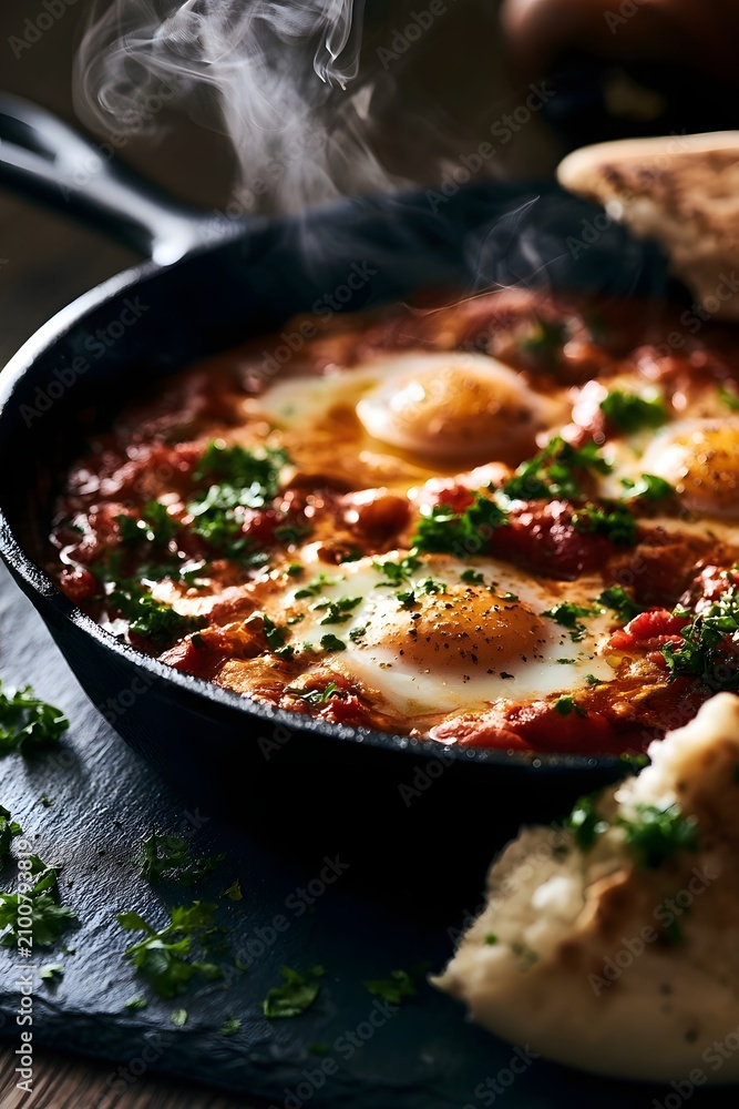 Fototapeta premium Shakshuka simmering in cast iron skillet with torn flatbread