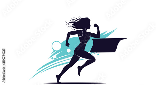 Silhouette of an athletic woman running fast against a colorful paint stroke background representing fitness and agility.