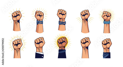 Raised fists of diverse styles symbolize protest, solidarity, human rights movements, and collective resistance.