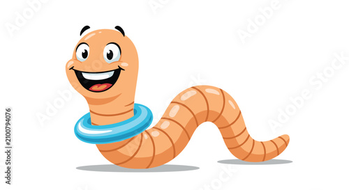 Cheerful cartoon earthworm wearing a blue swimming ring smiles happily while crawling across a white background.