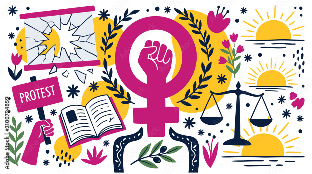 Fototapeta premium Feminism and social justice concept icons with protest sign, female symbol and scale for presentation design illustration