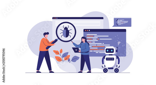 Software developers testing code and finding bugs using magnifying glass and robot in computer application screen.