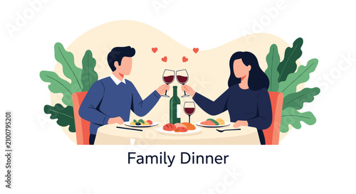 Young couple having a romantic family dinner with red wine and healthy food to celebrate their love and relation.