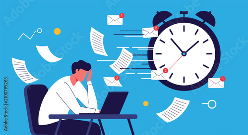 Stressed businessman sitting at a laptop under a giant clock with flying papers and email alerts showing deadline.