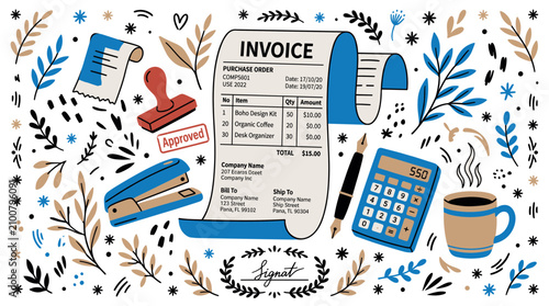 Finance and office vector icons with invoice, calculator and stapler for business infographic in doodle illustration