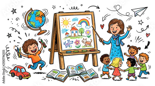 education and childhood concept icons with globe, easel and children for learning materials in colorful doodle style