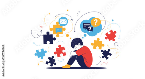 Sad boy sitting on floor surrounded by scattered puzzle pieces and communication icons represents depression or confusion.