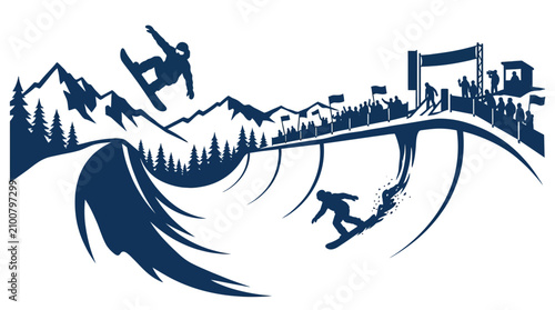 Bild auf Leinwand Snowboarding Competition in Mountains with Snowboarder Jumping and Performing Tr