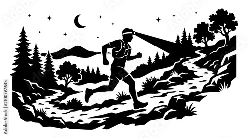 Photos Night trail runner with headlamp ascending rocky mountain path silhouette stars