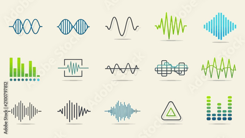 Bild auf Leinwand Collection of diverse audio waveforms and sound wave visualizations, representing sound, music, and data