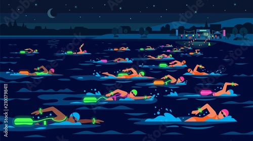 Fotografie Night swimming race with glowing lights, swimmers in dark water, moonlit sky