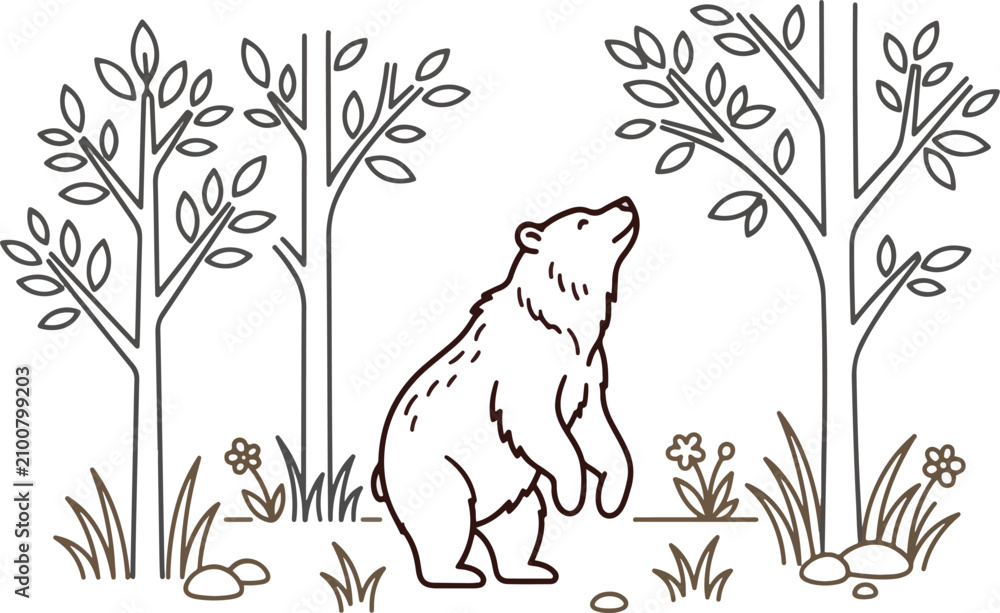 Obraz premium Bear standing on hind legs in a forest, minimalist line art vector illustration