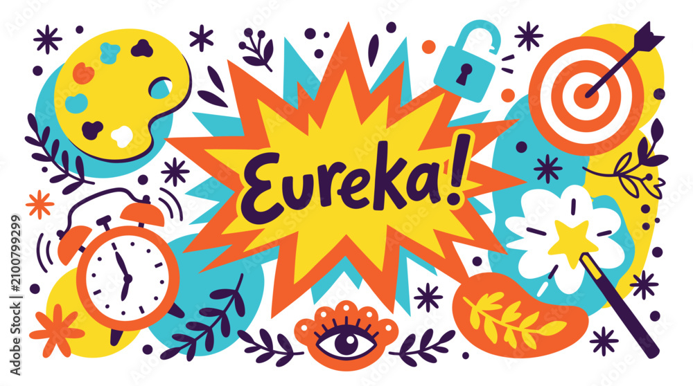 Fototapeta premium Inspiration and creativity vector icons with palette, clock and wand for presentation design in bright colorful style