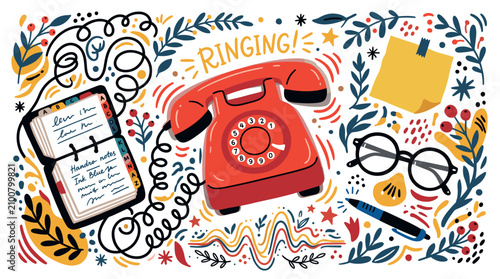 Communication and organization concept icons with rotary phone, notebook and glasses for office productivity in hand drawn colorful illustration style