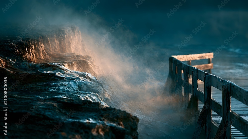 Fototapeta premium Mineral rock ridges and steam at geothermal hot spring terrace