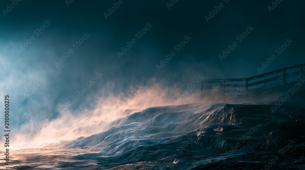 Fototapeta premium Sulfur mist glowing over geothermal terrace at dusk with wooden railing