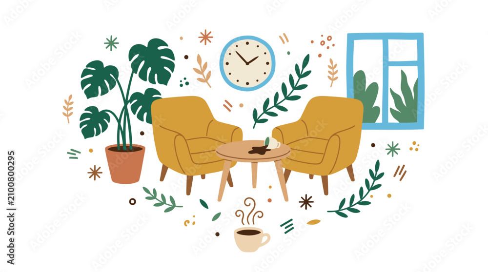 Naklejka premium Cozy living room and nature vector icons with armchairs, coffee cup and potted plant for web branding in flat illustration