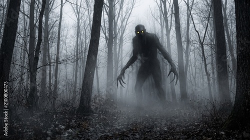 Towering Shadow Creature Standing in Fog Covered Forest Low Angle