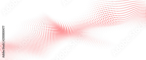Abstract red halftone wave with flowing dotted mesh pattern and dynamic particle surface background vector illustration