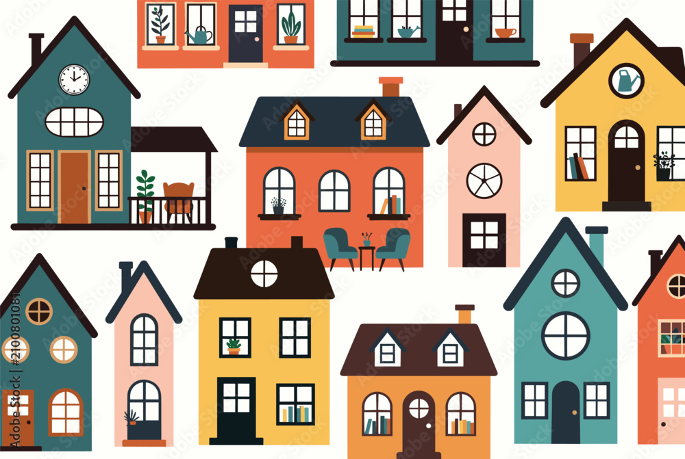 Fototapeta premium Bright seamless vector illustration of charming colorful houses in a cozy European village, filled with cute details.