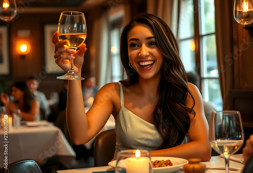 Smiling young woman raising...