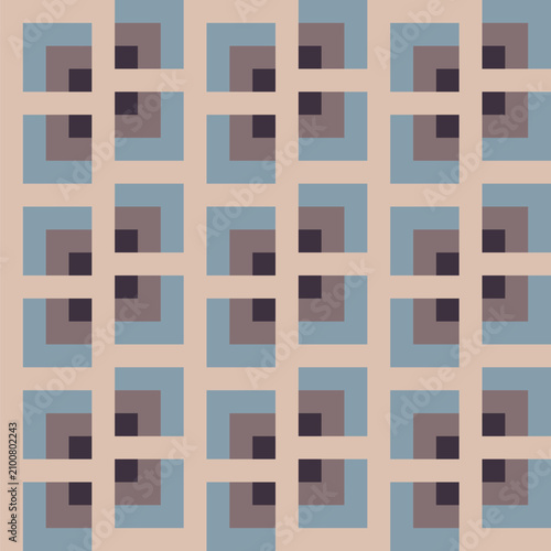 Seamless pattern created from blue, taupe and dark brown squares on a beige background
