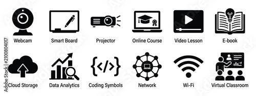 Set of online education technology icons for digital learning and remote teaching platforms