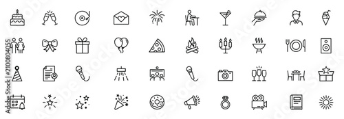 A collection of diverse outline icons representing various elements of celebration and social gatherings including food and drink