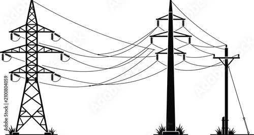 Voltage electrical power transmission towers and utility poles on white ground electricity