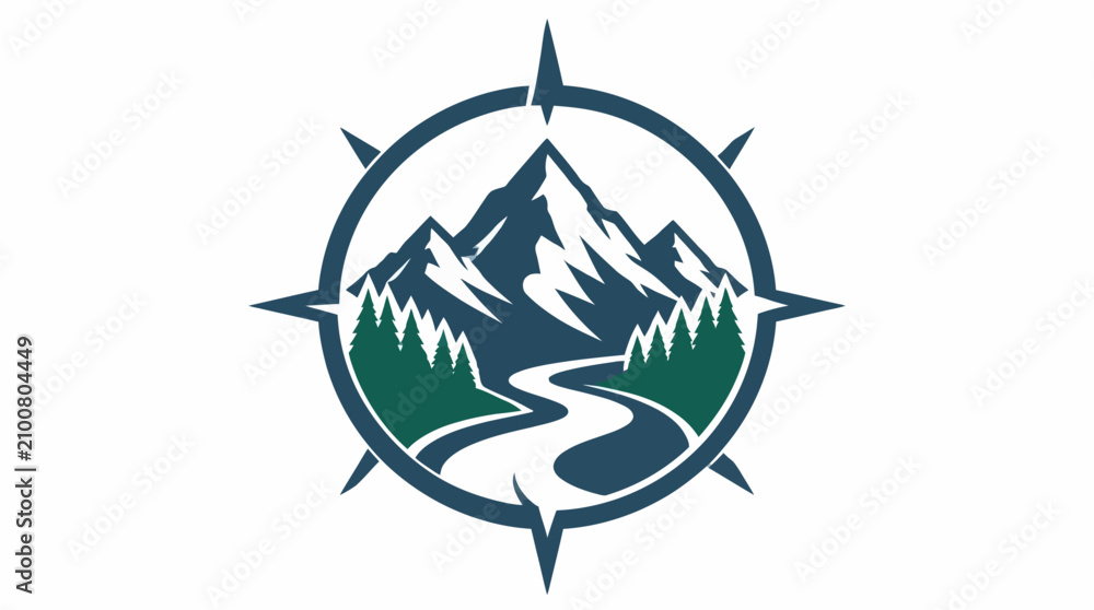 Fototapeta premium Mountain landscape inside compass rose outdoor emblem.