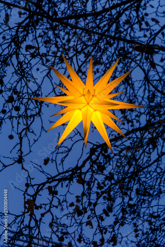 A warm glowing Moravian star lantern hangs against a deep blue evening sky, framed by silhouettes of leafless branches