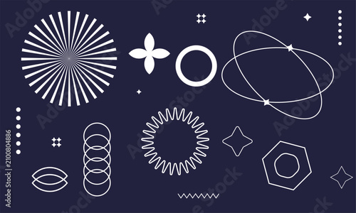Abstract geometric shapes and symbols minimalist vector elements for modern design isolated on dark blue background