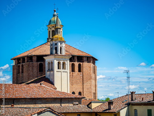 Sabbioneta church dome with bell tower and brick architecture standing tall over terracotta rooftops, representing a Renaissance town and UNESCO World Heritage site in Italy