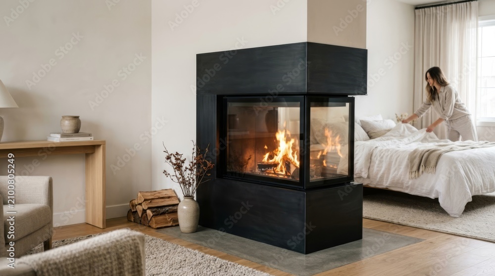 Obraz premium Modern dual-sided fireplace warming a cozy bedroom with neutral tones and natural light, creating an intimate retreat