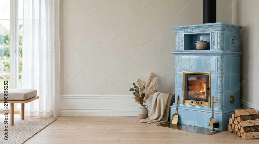 Obraz premium Bright Scandinavian living room corner with blue tiled stove, linen throw, and natural light for a cozy, modern aesthetic.