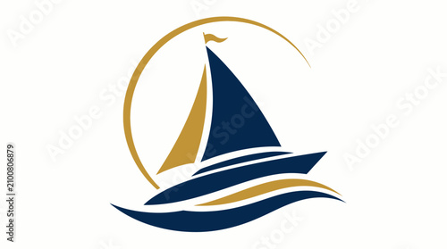 Tableau sur toile Elegant sailboat emblem on gold and blue waves.