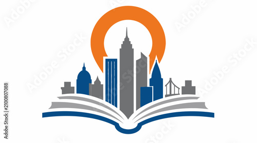 City skyline emerging from an open book icon.