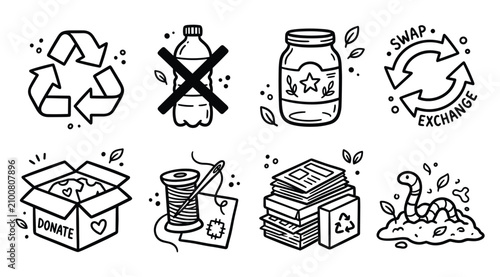 фотографія Eco Friendly Zero Waste Doodle Style Set with Recycling Symbol Plastic Ban Glass