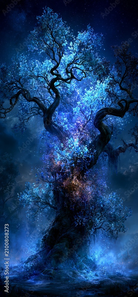 Obraz premium Fantasy magic tree glowing under dark starry night. Magic tree glowing luminous blue light in a mystical dark fantasy night landscape