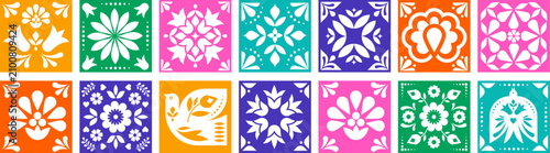 Collection of traditional Mexican colorful papel picado flags. Decorative vector elements set for fiestas, Day of the Dead, Cinco de Mayo and Hispanic Heritage Month